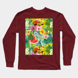Vibrant tropical leaves pattern, watermelon illustration, tropical plants, yellow colorful tropical fruits Long Sleeve T-Shirt